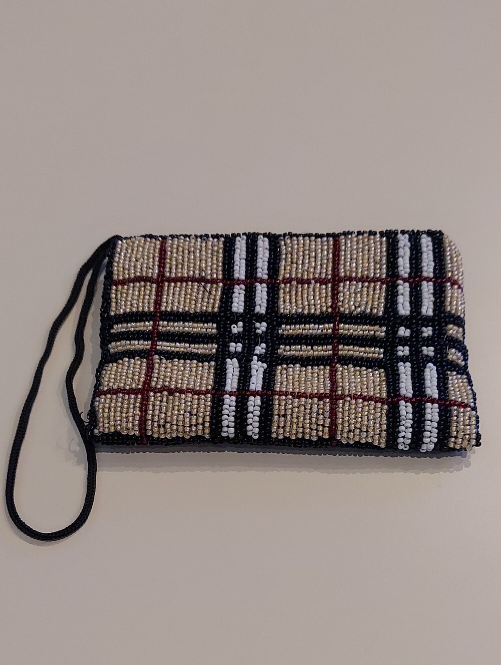 Vintage All Beaded Plaid Wristlet Clutch in Beige, Red, White and Black Rare